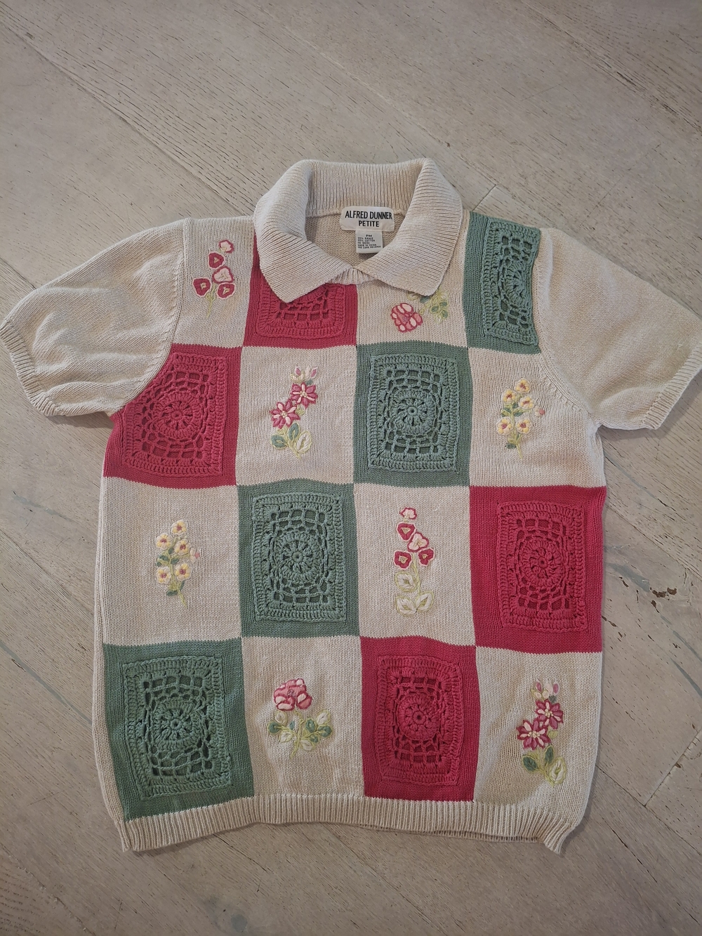 Alfred Dunner Petite Cream Patchwork Crochet Polo Top with Pink & Green Accents